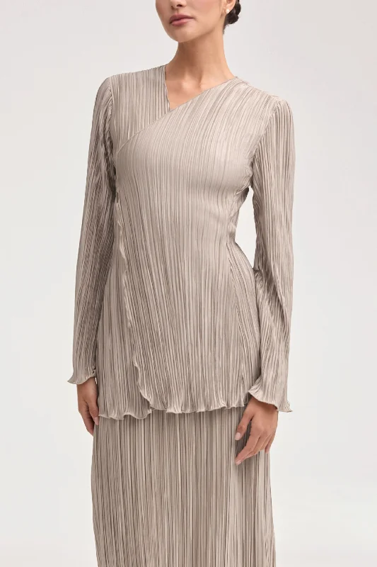 Women's Apparel And Garments Satin Plisse Tie Front Top - Taupe