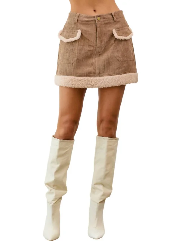 Women's Holiday Attire Sherpa Corduroy Mini Skirt In Tan