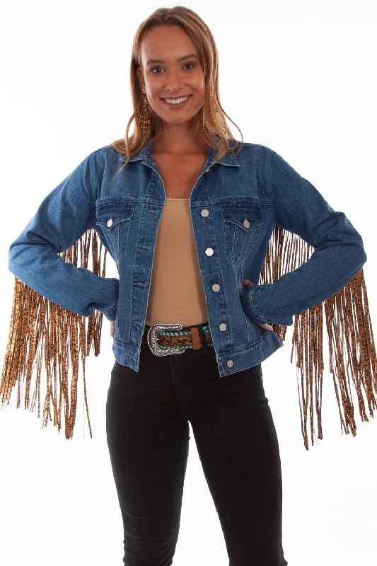 Women's Evening Wear Outfit Scully Womens Denim Cotton Blend Leopard Fringe Jacket