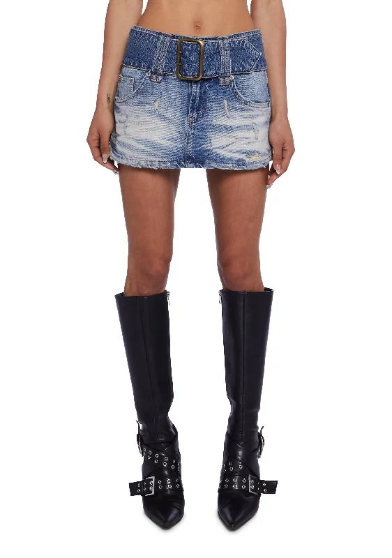 Luxury Women's Clothes Belted Mini Skirt - Denim