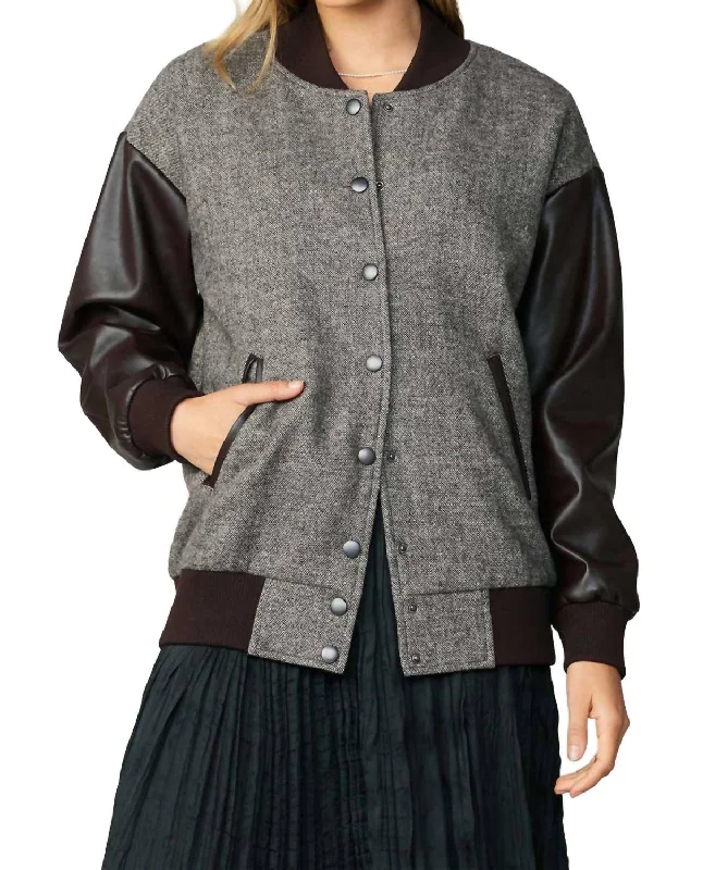 Women's Comfortable Lounge Attire Oversized Wool Tweed Bomber In Chocolate