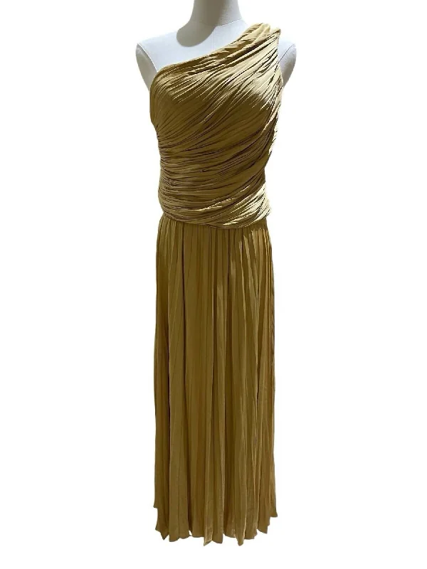 Women's Office Clothing One Shoulder Smocked Top And Pleated Midi Skirt Set In Gold