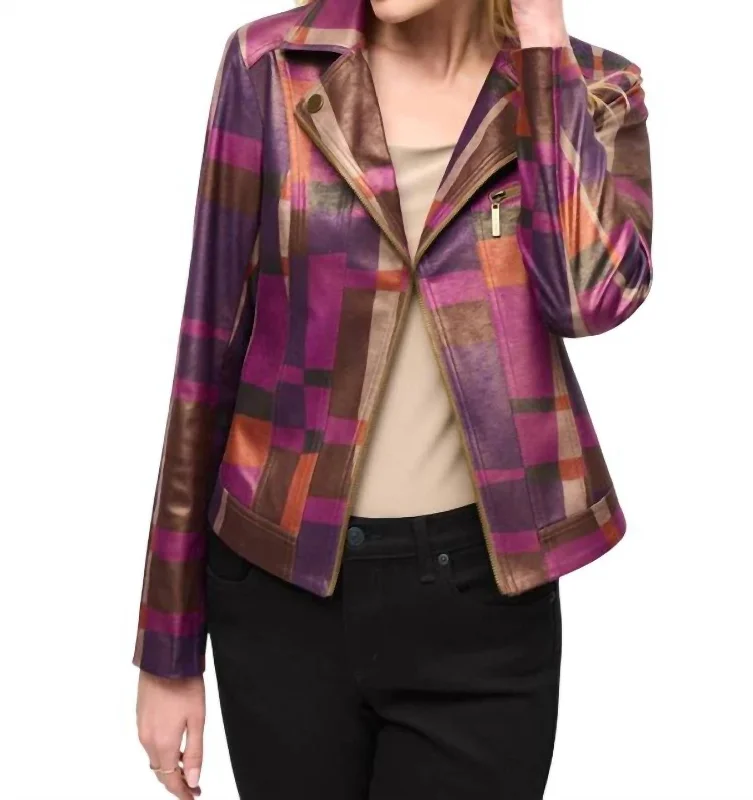 Women's Holiday Attire Retro Plaid Faux Leather Jacket In Multi