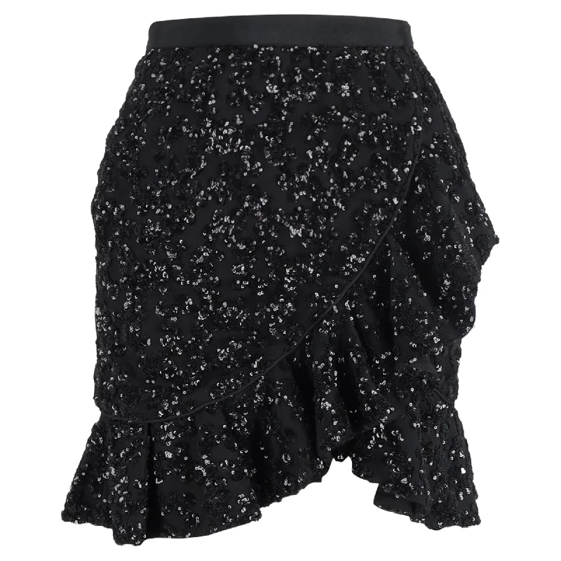 Stylish Clothes For Women Self-Portrait Sequined Mini Ruffled Skirt in Black Polyester