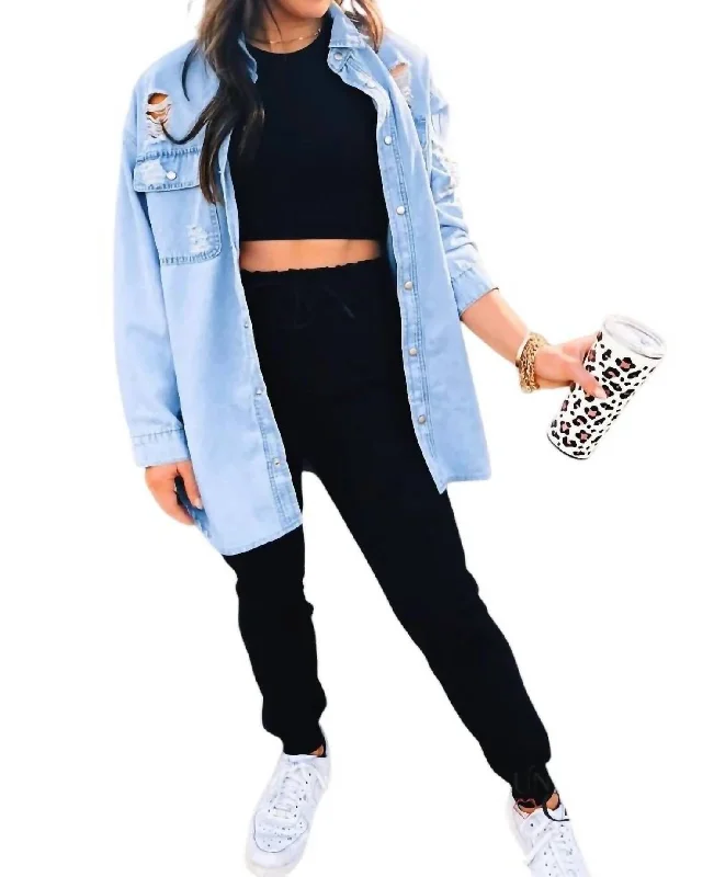 Women's Vintage-Inspired Outfit Boss Up Denim Shacket In Light Blue