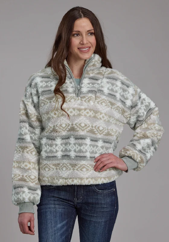 Fashionable Women's Outfit Roper Womens Fuzzy Aztec Taupe/Gray 100% Polyester Fleece Jacket