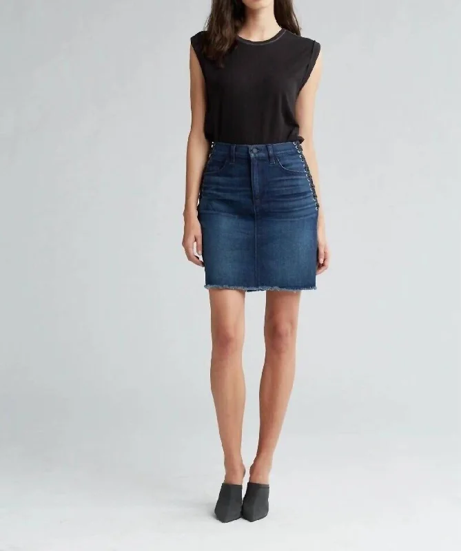 Women's Stylish Vacation Attire Lulu Nightfall Jean Raw Hem Side Lace Up Skirt In Blue