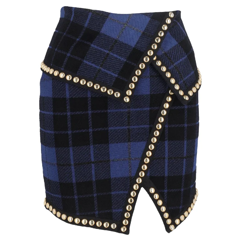 Women's Occasion Wear Clothing Balmain Checkered Mini Skirt Blue Wool
