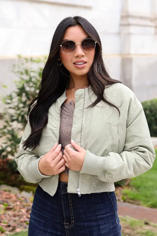 Stylish And Comfortable Clothing For Women Cool Impulse Light Olive Cropped Bomber Jacket