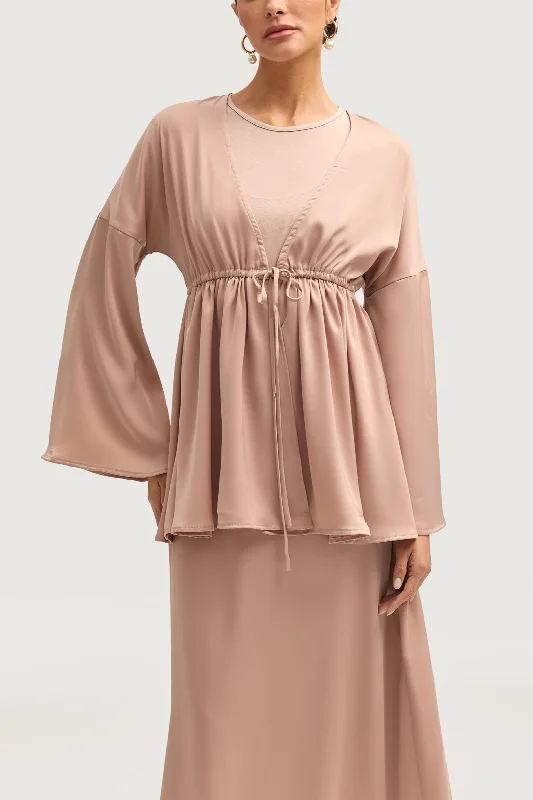 Women's Active Garments For Workouts Samia Satin Tie Front Top - Cafe au Lait