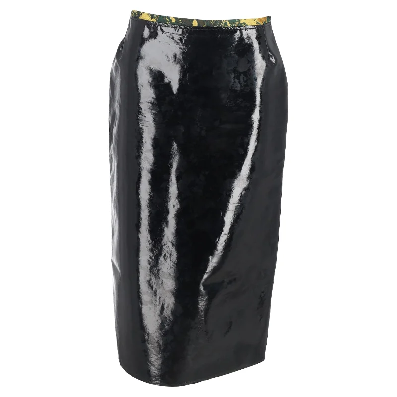 Women's Stylish Professional Garments Dries Van Noten Printed Waistband Detail Midi Skirt in Black Faux Leather