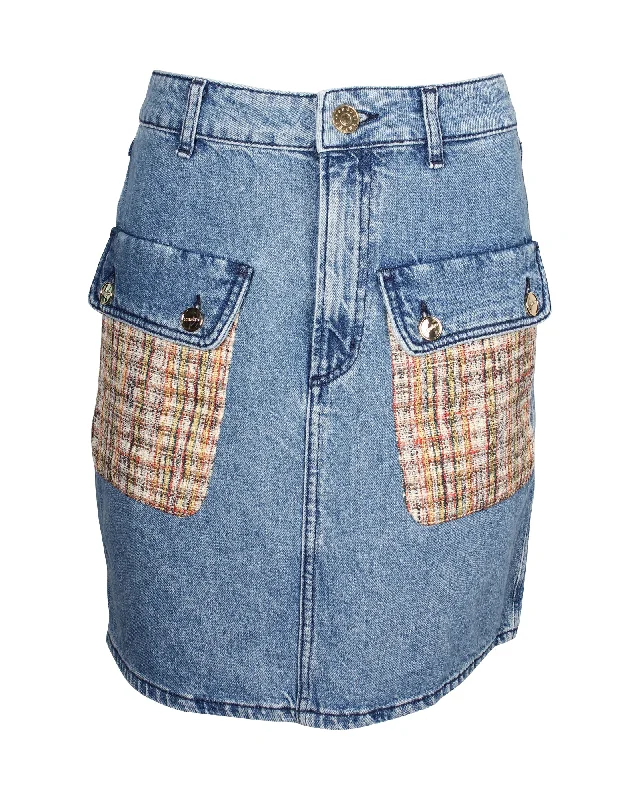 Women's Casual Clothing For Lounging Sandro Paris Fiorina Tweed-Paneled Denim Skirt in Blue Cotton