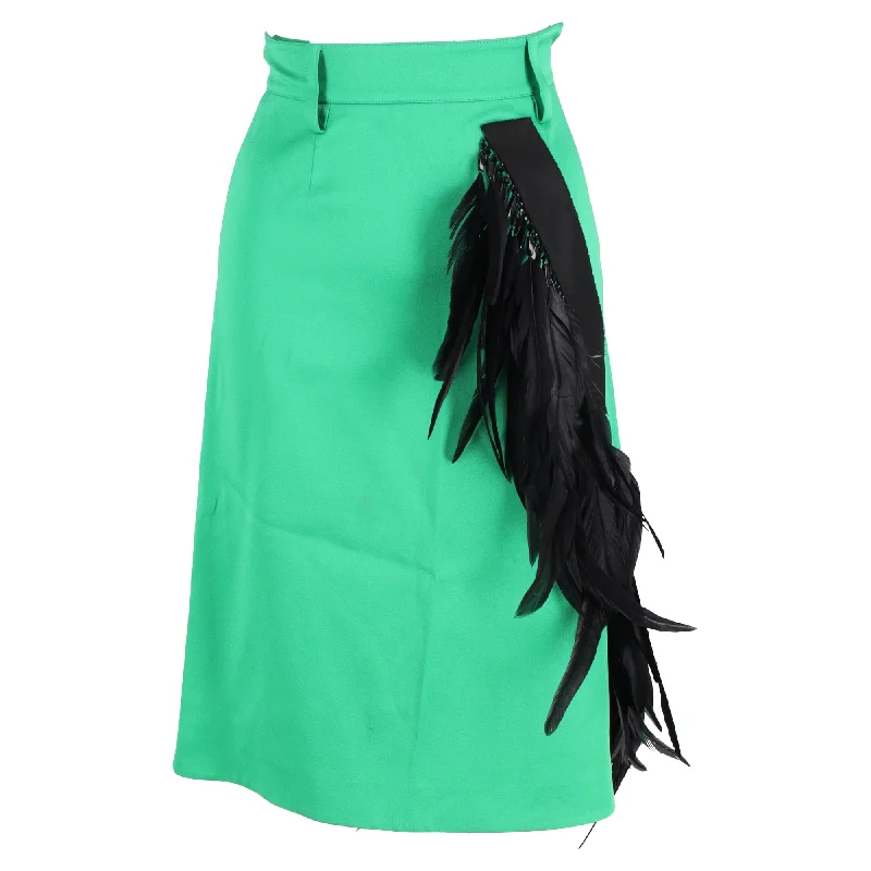 Women's Effortless Casual Outfit Prada Feather-Trimmed Knee-Length A-Line Skirt in Green Wool