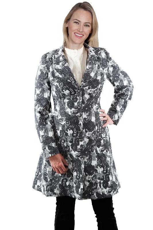 Sustainable Women's Clothes Scully Womens Black/White Polyester Damask Frock Coat