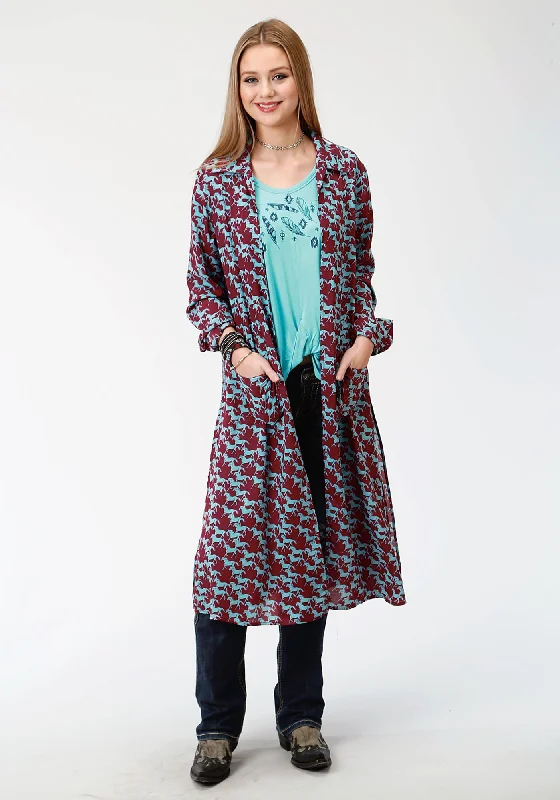 Women's Everyday Apparel Roper Womens Red Rayon/Nylon Turquoise Stampede Cardigan