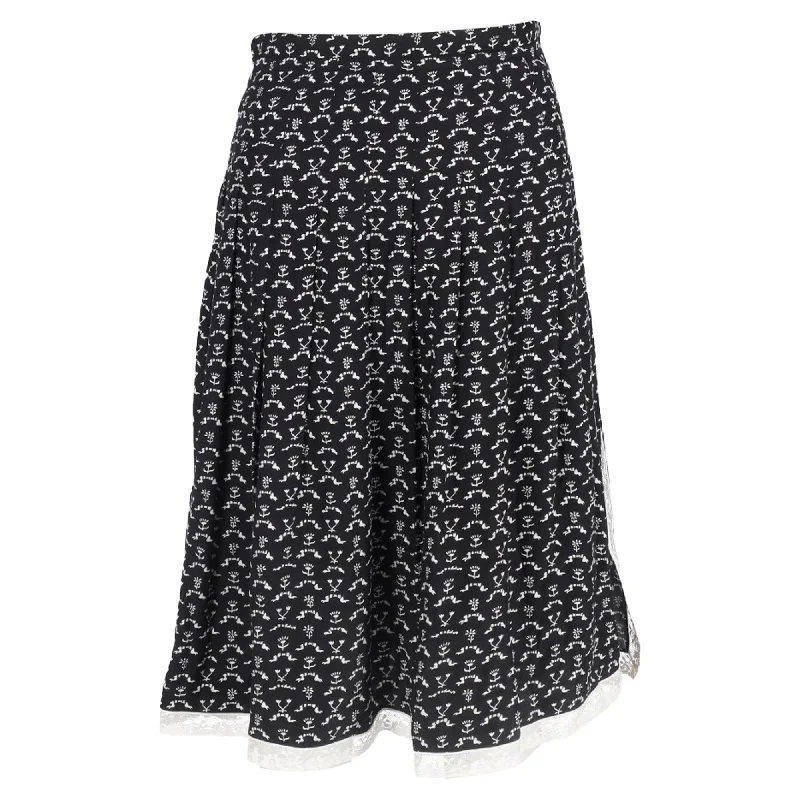 Women's Stylish Professional Apparel Chloé Flower Printed Pleated Midi Skirt in Black Cotton