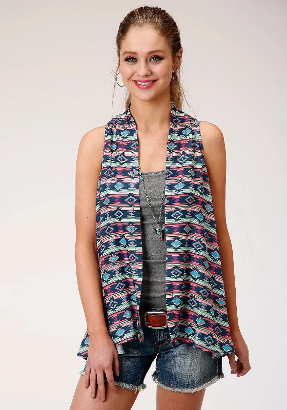 Vintage-Inspired Women's Apparel Roper Womens Blue/Pink Rayon/Nylon Aztec Cardigan