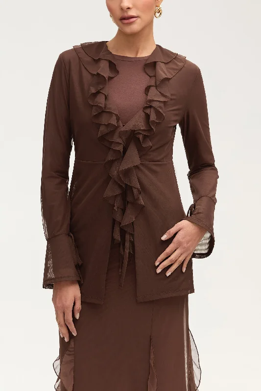 Women's Apparel Jida Ruffle Tie Front Top - Espresso