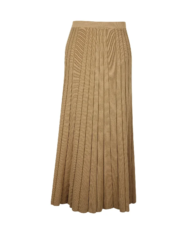 Sustainable Fashion Clothing For Women Sandro Paris Ribbed Pleated Midi Skirt in Khaki Viscose