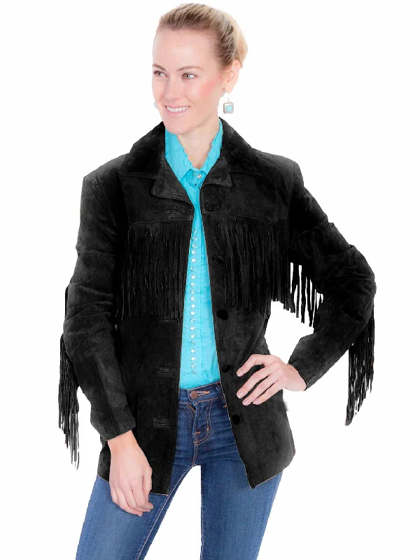 Casual Clothing For Women Scully Womens Notched Lapel Fringe Black Leather Leather Jacket XXL