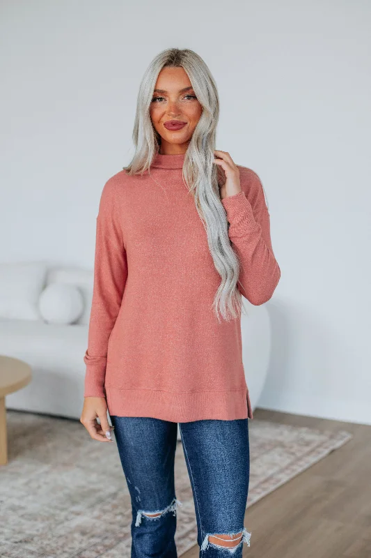 Women's Elegant Outfit Rachelle Mock Neck Top - Salmon