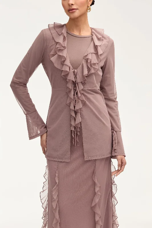 Stylish Women's Apparel Jida Ruffle Tie Front Top - Twilight Mauve
