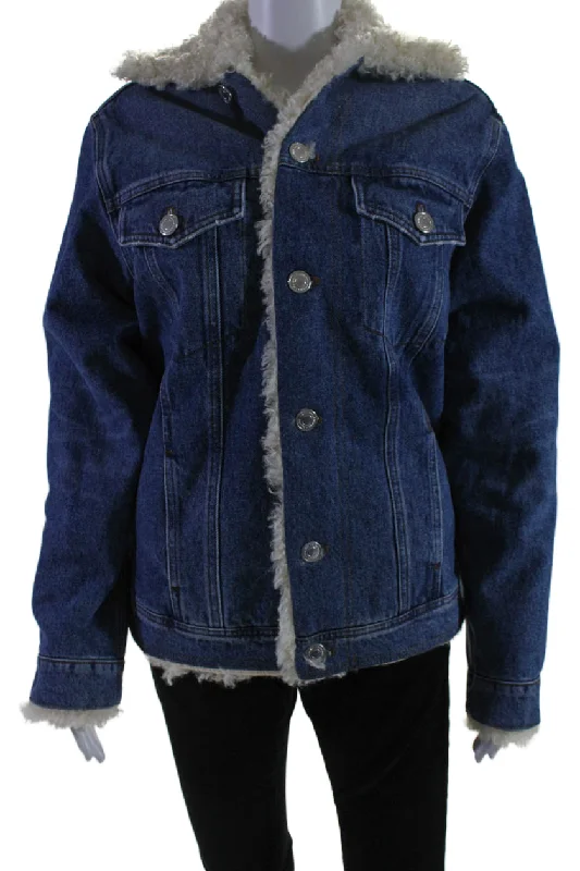 Women's Clothes For Work AMI Alexandre Mattiussi Womens Faux Fur Lined Jean Jacket Blue Denim Women's Clothes For Work AMI Alexandre Mattiussi Womens Faux Fur Lined Jean Jacket Blue Denim