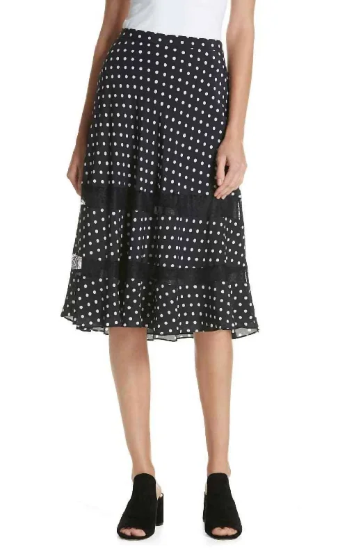 Women's Outerwear Clothing Polka Dot Lace Trim A Line Midi Skirt In Navy Blue