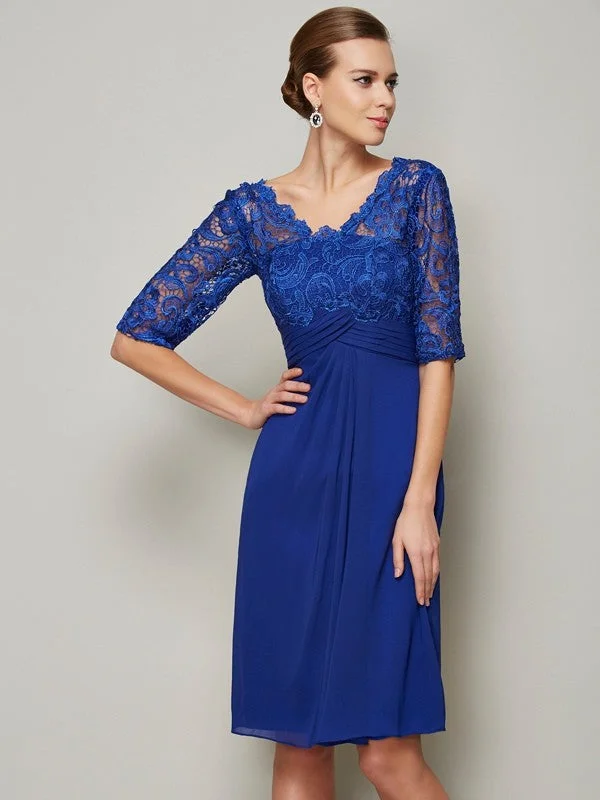 Dreamy Aesthetic Sheath/Column V-neck 1/2 Sleeves Lace Short Chiffon Mother of the Bride Dresses Dreamy Aesthetic Sheath/Column V-neck 1/2 Sleeves Lace Short Chiffon Mother of the Bride Dresses
