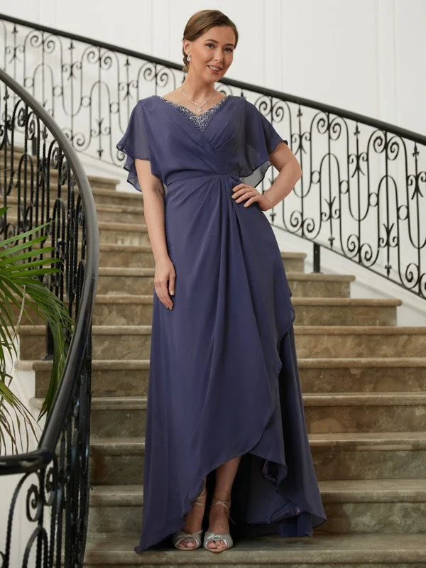 Playful Elegance Mother of the Bride Dresses A-Line Princess Chiffon Beading V-neck Short Sleeves Asymmetrical Playful Elegance Mother of the Bride Dresses A-Line Princess Chiffon Beading V-neck Short Sleeves Asymmetrical