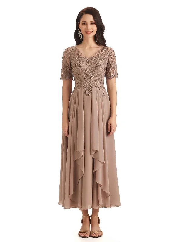 Big Savings Elegant Short Sleeves Chiffon Lace Ankle-Length Short Mother of The Bride Dresses Big Savings Elegant Short Sleeves Chiffon Lace Ankle-Length Short Mother of The Bride Dresses