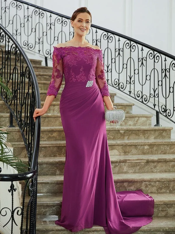 Women's Clothing for All Occasions Sheath/Column Chiffon Applique Off-the-Shoulder 3/4 Sleeves Sweep/Brush Train Mother of the Bride Dresses Women's Clothing for All Occasions Sheath/Column Chiffon Applique Off-the-Shoulder 3/4 Sleeves Sweep/Brush Train Mother of the Bride Dresses