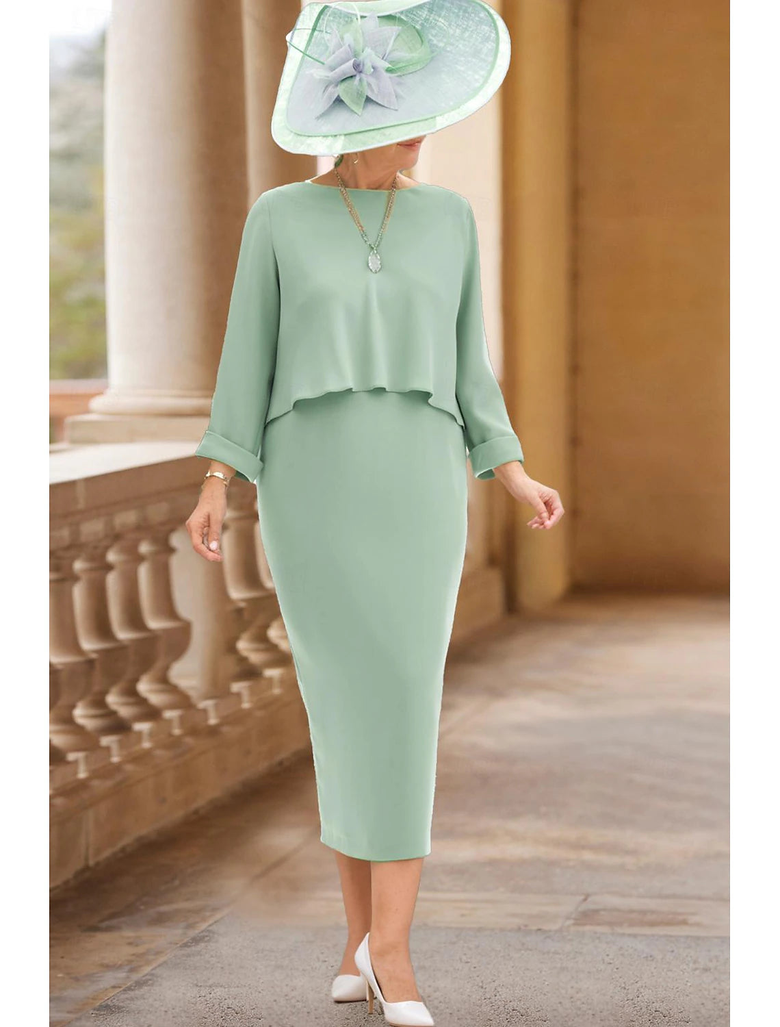 Season Transition Versatile Wear Clearance Elegant Jewel Neck Tea Length Stretch Fabric 3/4 Length Sleeve with Pleats Mother of the Bride Dress