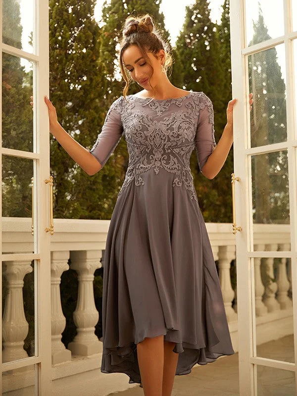 Women's Comfortable Lounge Attire A-Line/Princess Chiffon Applique Scoop 1/2 Sleeves Asymmetrical Dresses
