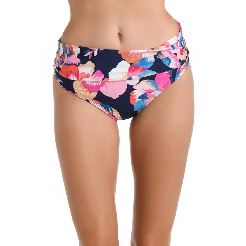 Women's Luxury Apparel Shirred Band Hipster Bikini Bottom In Denim Bouquet Indigo
