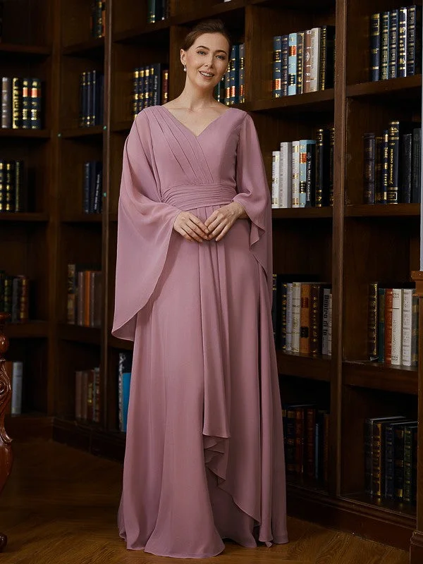Classic Charm Mother of the Bride Dresses A-Line Chiffon Ruched V-neck 3/4 Sleeves Floor Length Classic Charm Mother of the Bride Dresses A-Line Chiffon Ruched V-neck 3/4 Sleeves Floor Length