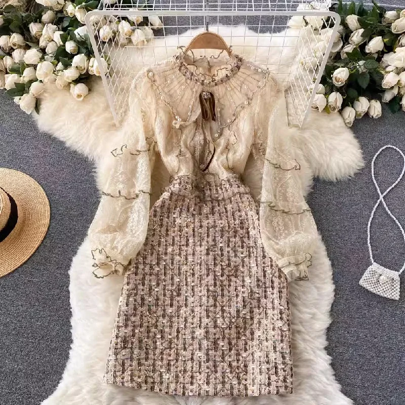 Fashion-Forward luxury women's French retro style dress beading and chic design skirt       S4513