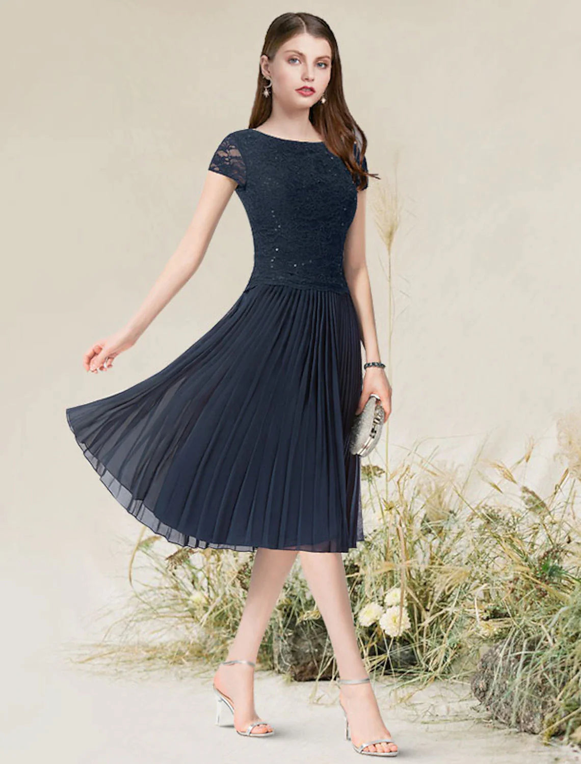 Casual Attire For Women A-Line Cocktail Dresses Flirty Dress Homecoming Tea Length Short Sleeve Jewel Neck Chiffon with Pleats Casual Attire For Women A-Line Cocktail Dresses Flirty Dress Homecoming Tea Length Short Sleeve Jewel Neck Chiffon with Pleats
