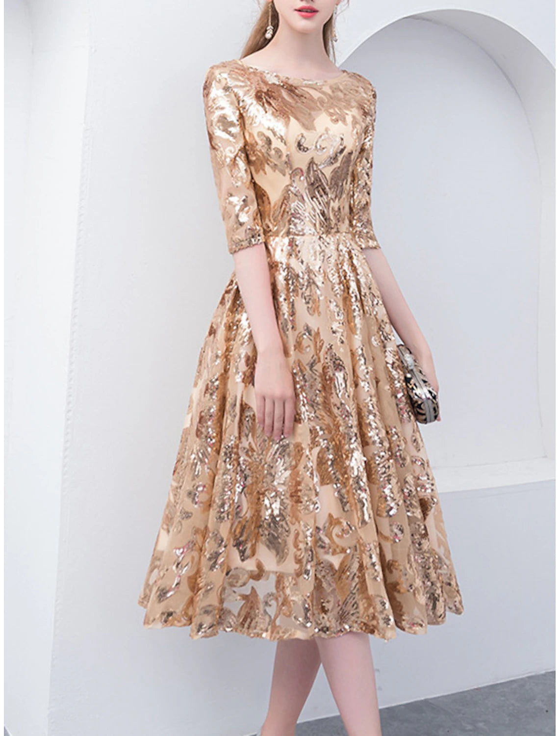 Sustainable Women's Clothes A-Line Mother of the Bride Dress Elegant Sparkle & Shine Jewel Neck Tea Length Tulle Half Sleeve with Sequin Sustainable Women's Clothes A-Line Mother of the Bride Dress Elegant Sparkle & Shine Jewel Neck Tea Length Tulle Half Sleeve with Sequin