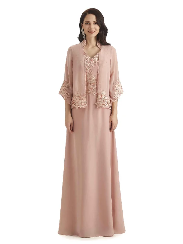 Elegant Women's Evening Garments Elegant A-line Chiffon Lace Mother of The Bride Dresses With Lace Jacket Elegant Women's Evening Garments Elegant A-line Chiffon Lace Mother of The Bride Dresses With Lace Jacket