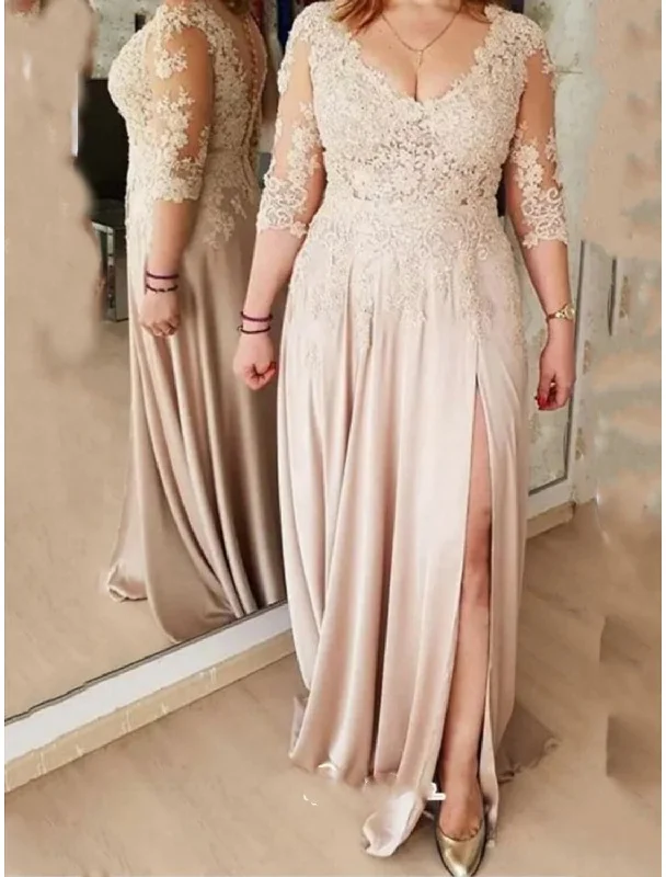 Casual Chic Sheath / Column Mother of the Bride Dress Vintage Elegant V Neck Sweep / Brush Train Charmeuse 3/4 Length Sleeve with Lace Split Front