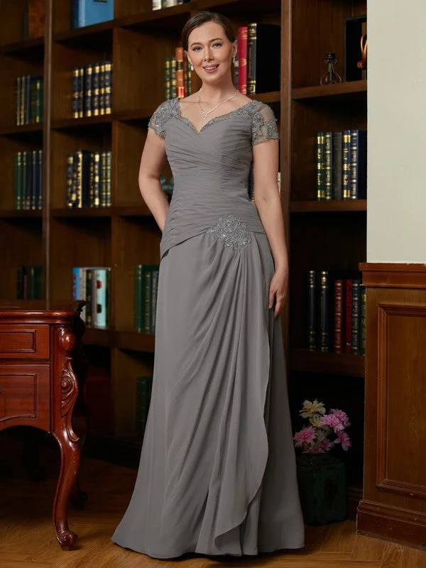 Preppy Style A-Line/Princess Chiffon Applique Sweetheart Short Sleeves Floor-Length Mother of the Bride Dresses
