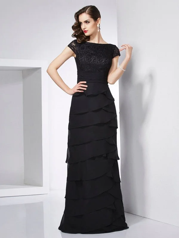 Women's Clothing Sale Sheath/Column Scoop Short Sleeves Long Chiffon Dresses