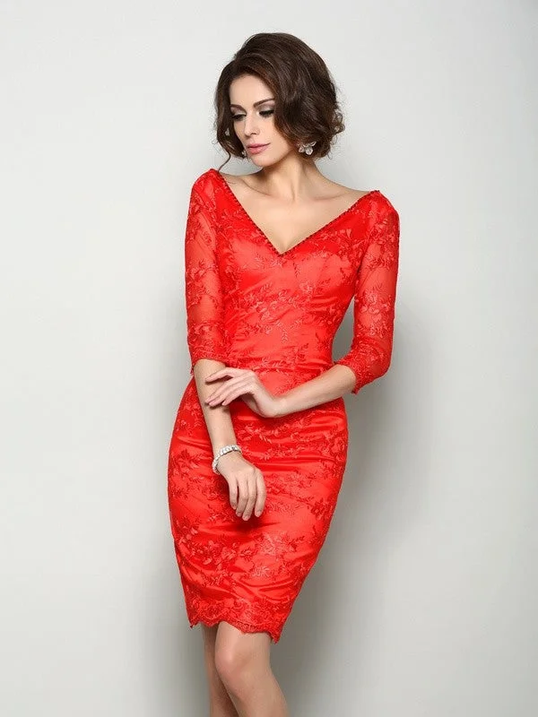 Trendy Street Style Sheath/Column V-neck Lace 1/2 Sleeves Short Lace Mother of the Bride Dresses