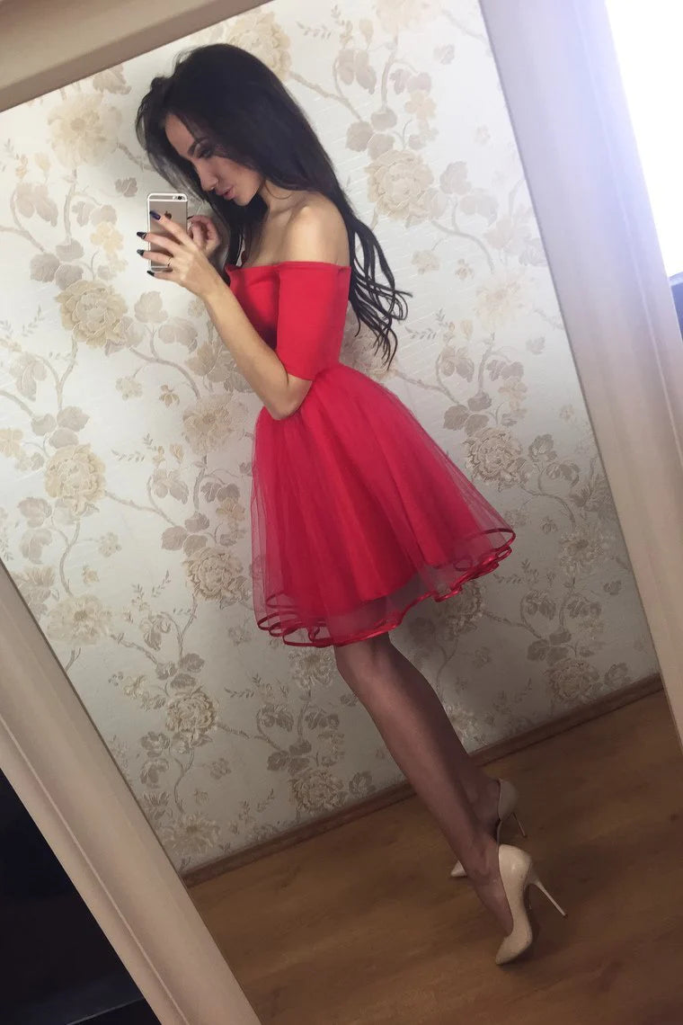Comfortable Lounge Clothing Cocktail Dresses A Line Boat Neck Short Sleeves Tulle Zipper Up