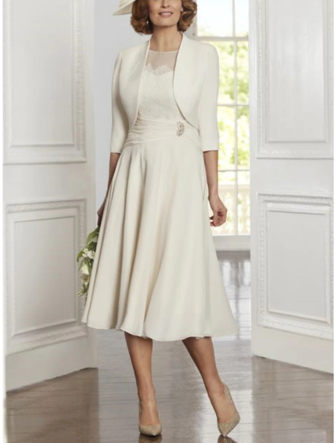 Sophisticated Cut Two Piece Elegant Party Scoop Neck Tea Length Lace Stretch Chiffon 3/4 Length Sleeve with Pleats Crystals Mother of the Bride Dress Sophisticated Cut Two Piece Elegant Party Scoop Neck Tea Length Lace Stretch Chiffon 3/4 Length Sleeve with Pleats Crystals Mother of the Bride Dress