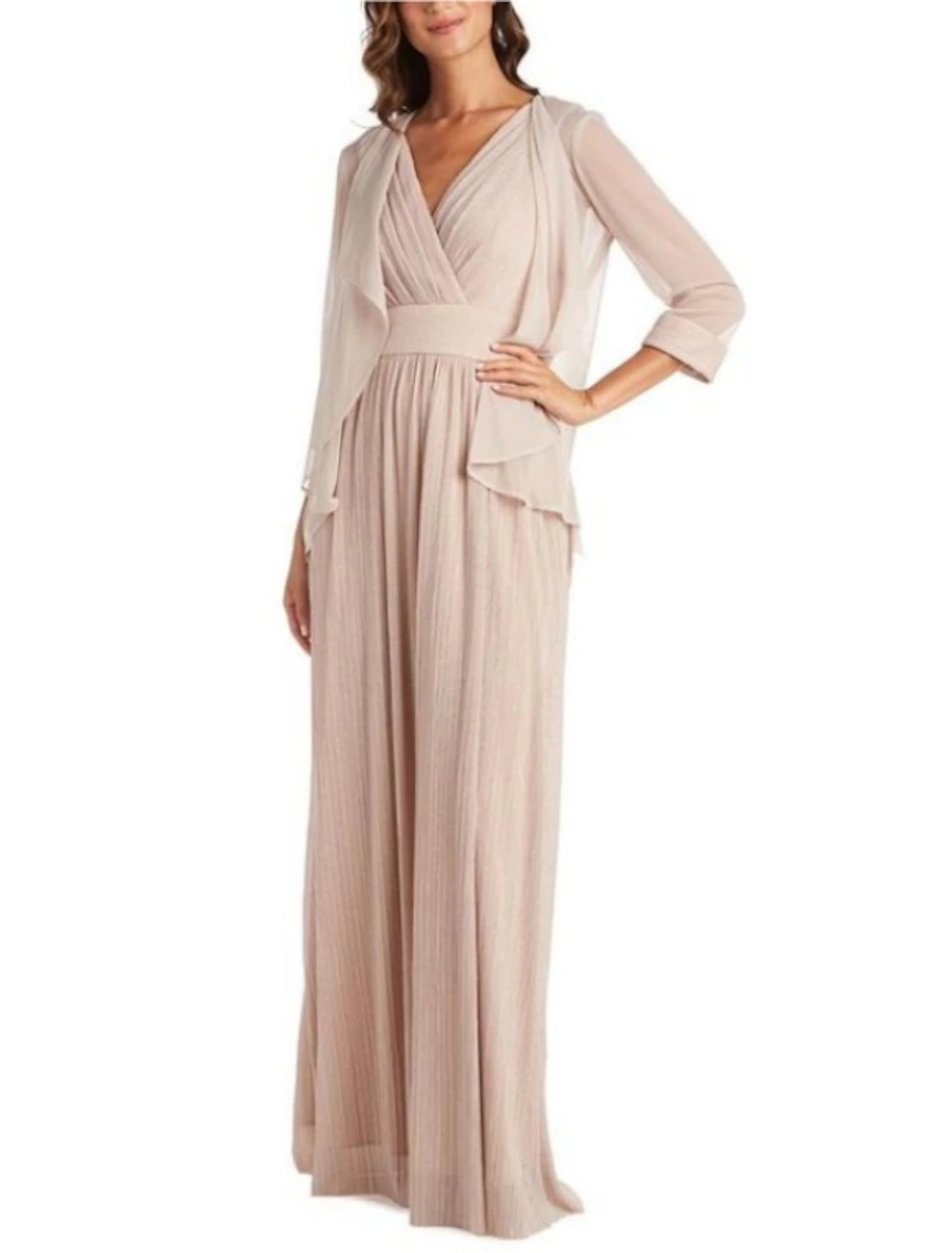 Formal Garments For Women Two Piece Mother of the Bride Dress Simple Elegant V Neck Floor Length Chiffon 3/4 Length Sleeve with Pleats Solid Color Formal Garments For Women Two Piece Mother of the Bride Dress Simple Elegant V Neck Floor Length Chiffon 3/4 Length Sleeve with Pleats Solid Color