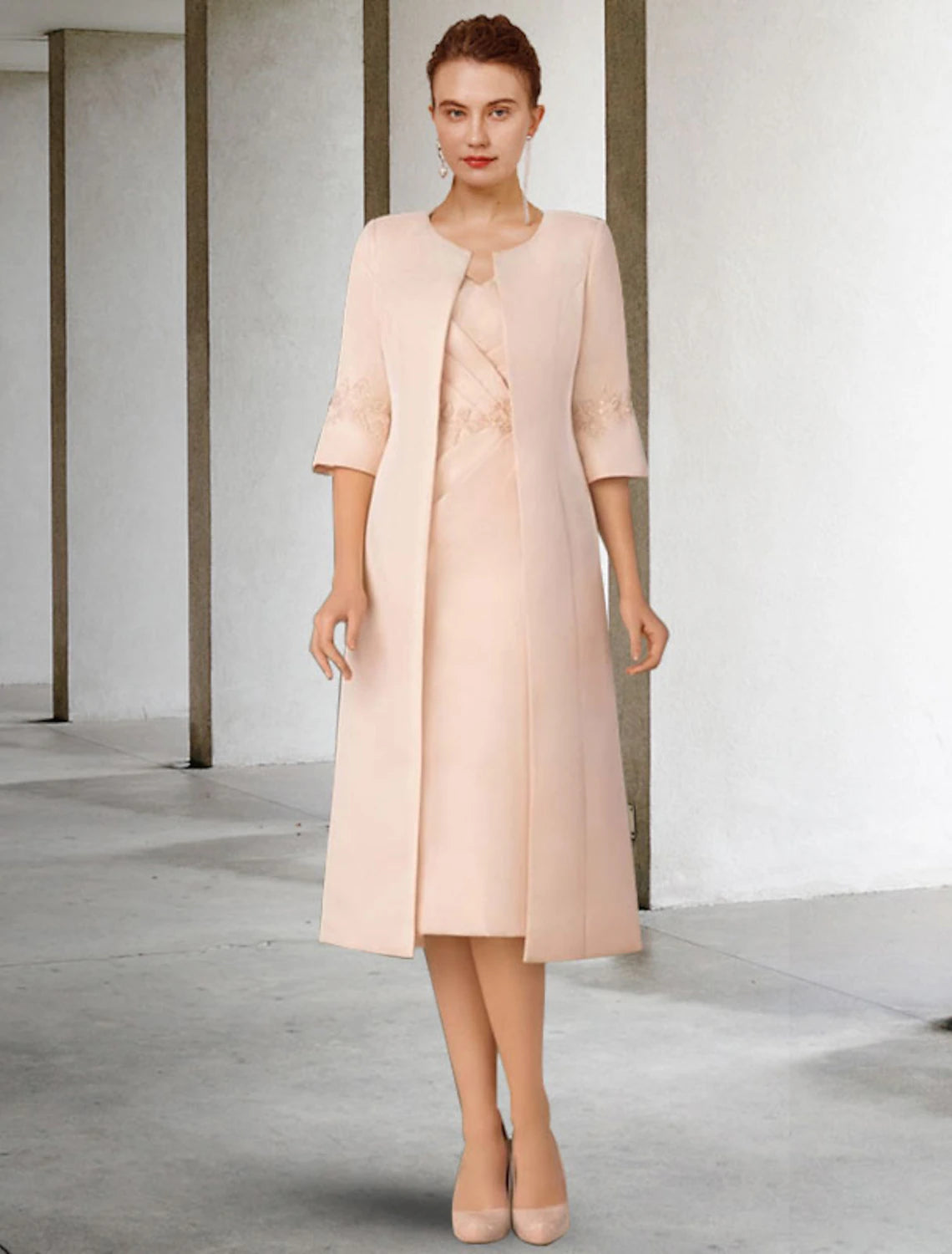 Evening Looks Two Piece Sheath / Column Mother of the Bride Dress Church Elegant Winter With Jacket Short Sleeve V Neck Knee Length Lace Stretch Chiffon Appliques Side-Draped