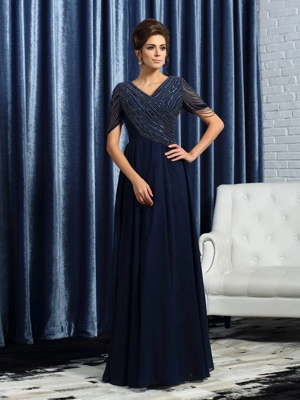 Women's Effortless Casual Outfit A-Line/Princess V-neck Short Sleeves Long Chiffon Mother of the Bride Dresses Women's Effortless Casual Outfit A-Line/Princess V-neck Short Sleeves Long Chiffon Mother of the Bride Dresses