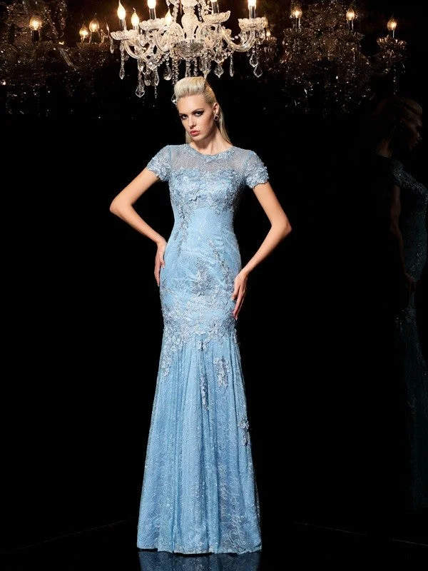 Easygoing Women's Style Sheath/Column Sheer Neck Applique Short Sleeves Long Lace Dresses Easygoing Women's Style Sheath/Column Sheer Neck Applique Short Sleeves Long Lace Dresses